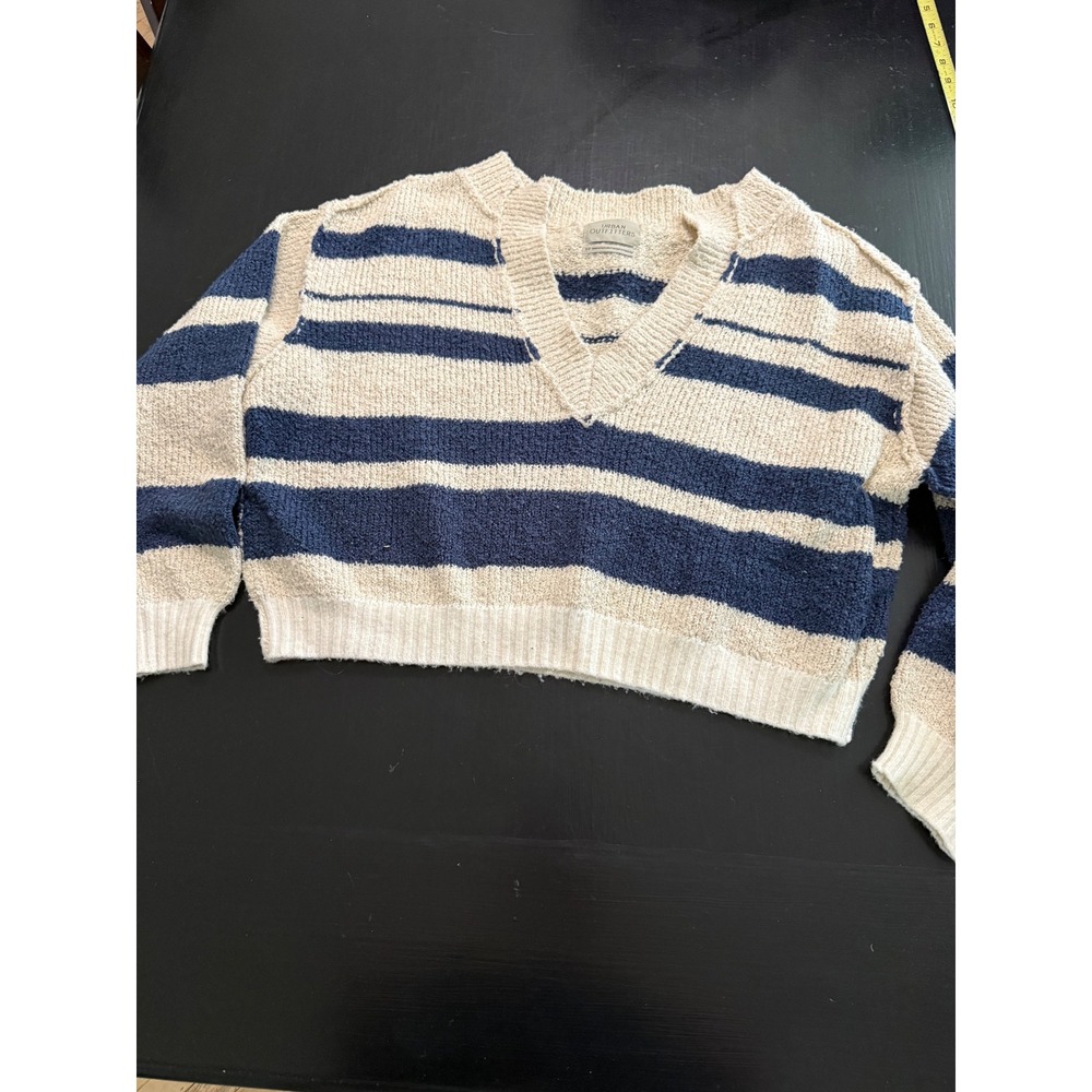 Urban Outfitters Striped Cropped V-Neck Knit Sweater Cream Navy Blue Small Boho